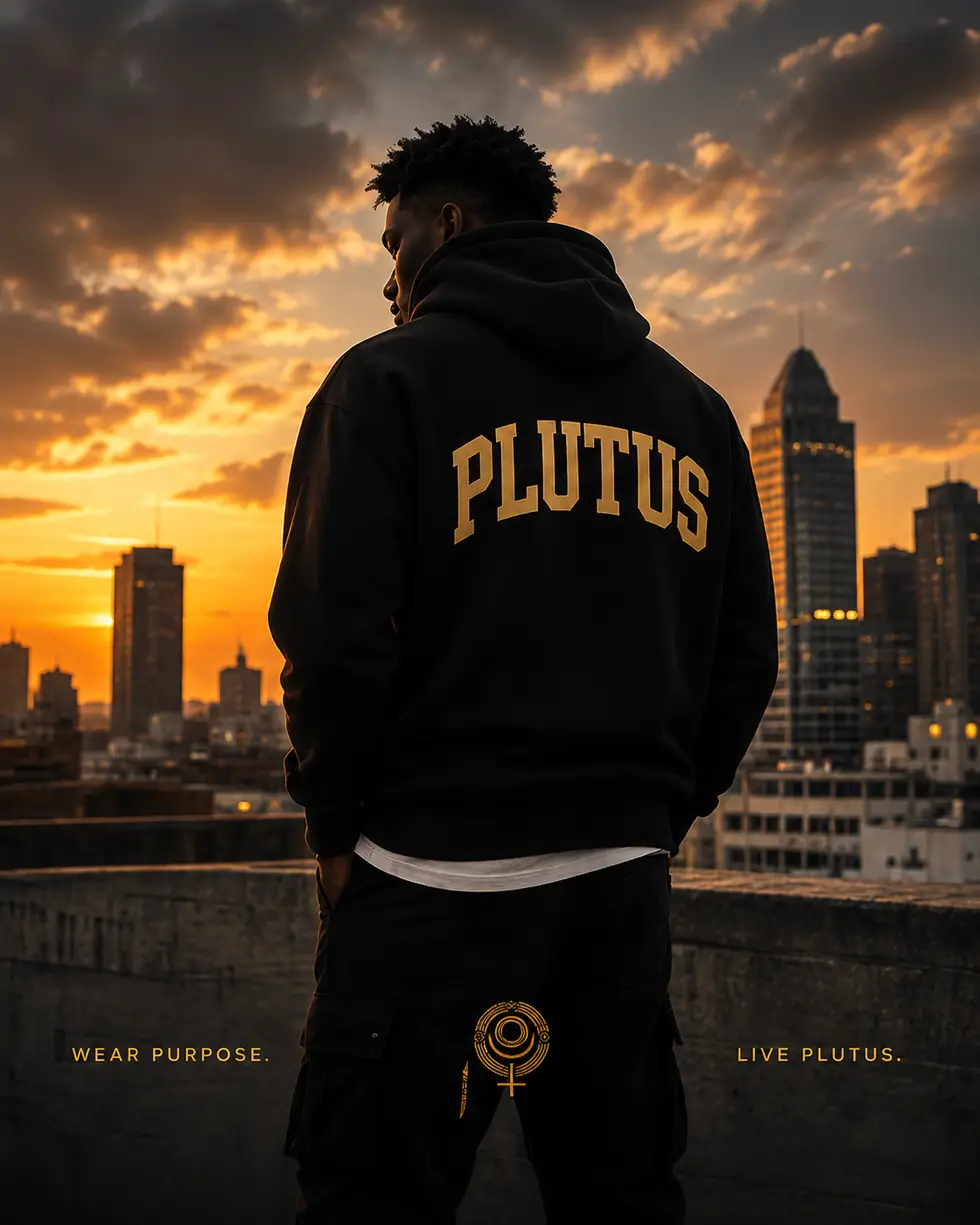 The back of a black PLUTUS hoodie on a rooftop at sunset.