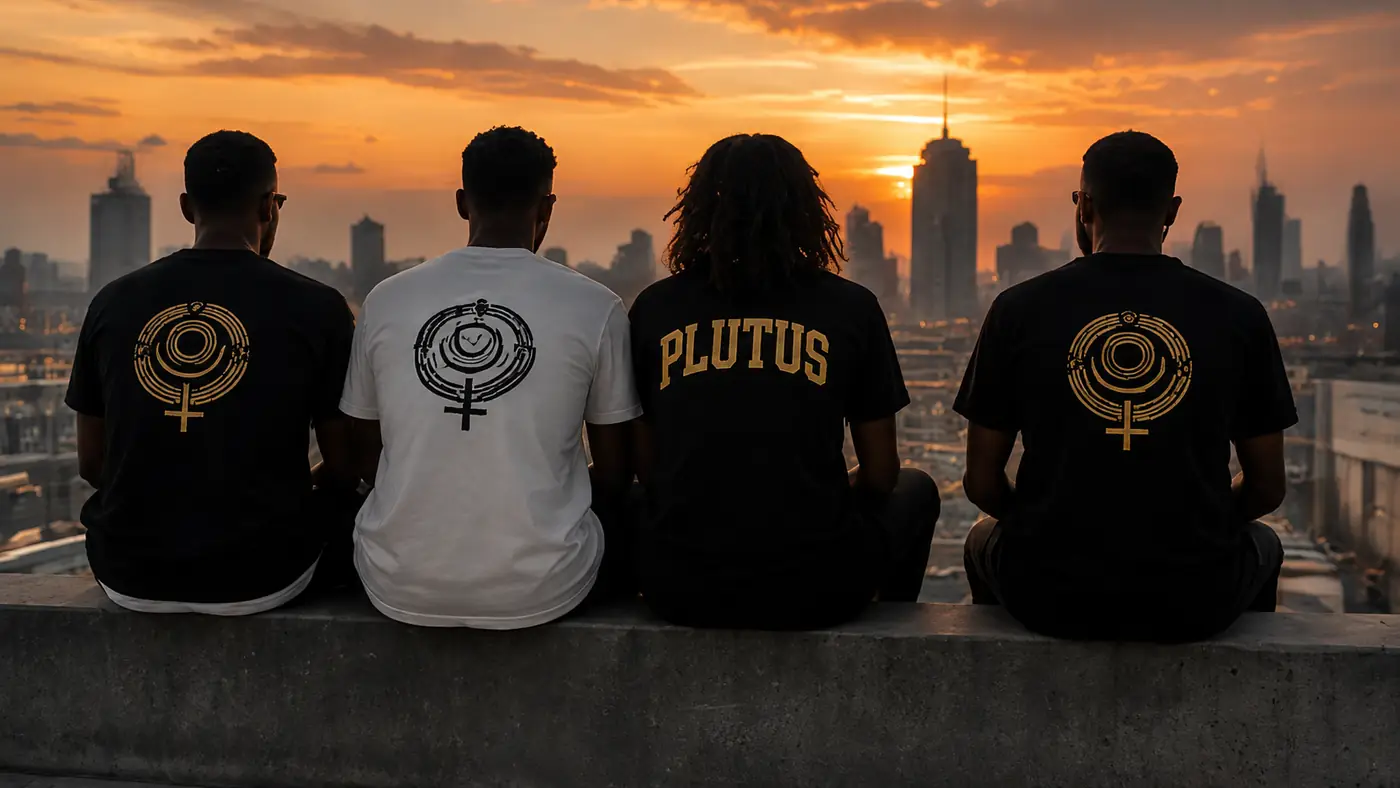 Four people seated on a rooftop at sunset, backs to camera, wearing PLUTUS pieces.