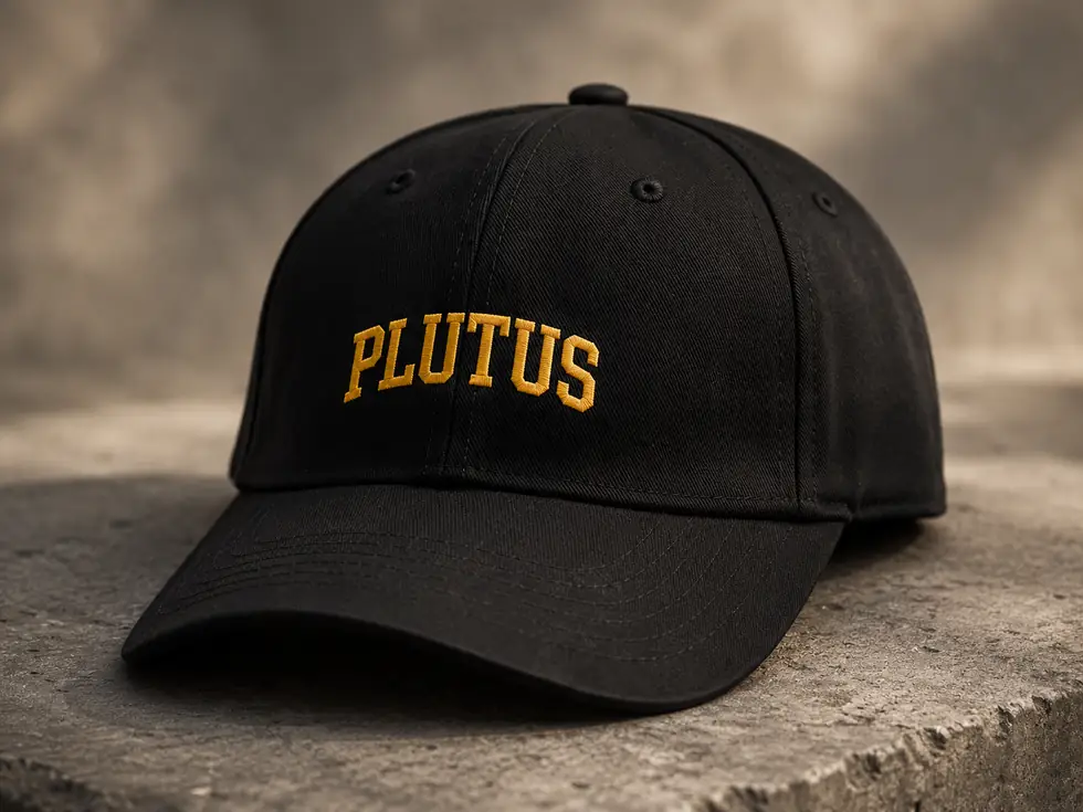 A black cap with the arched PLUTUS print in gold, resting on concrete.