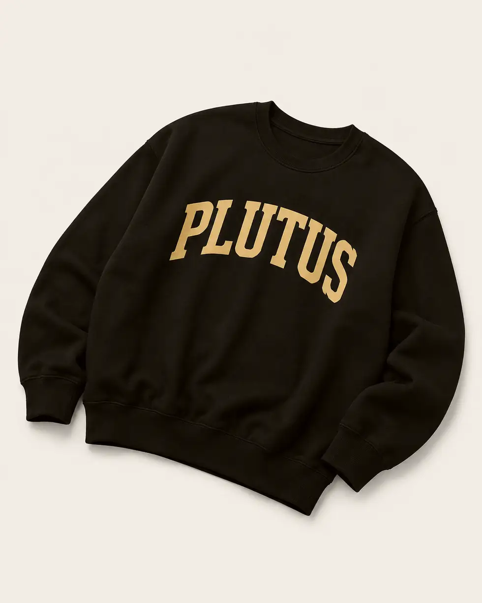 The black PLUTUS crewneck laid at an angle with sleeves folded.