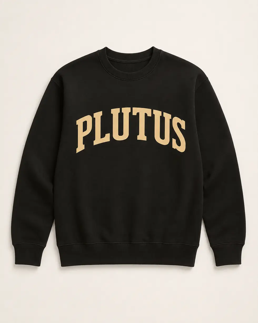 The PLUTUS crewneck in black, laid flat, arched sand print.