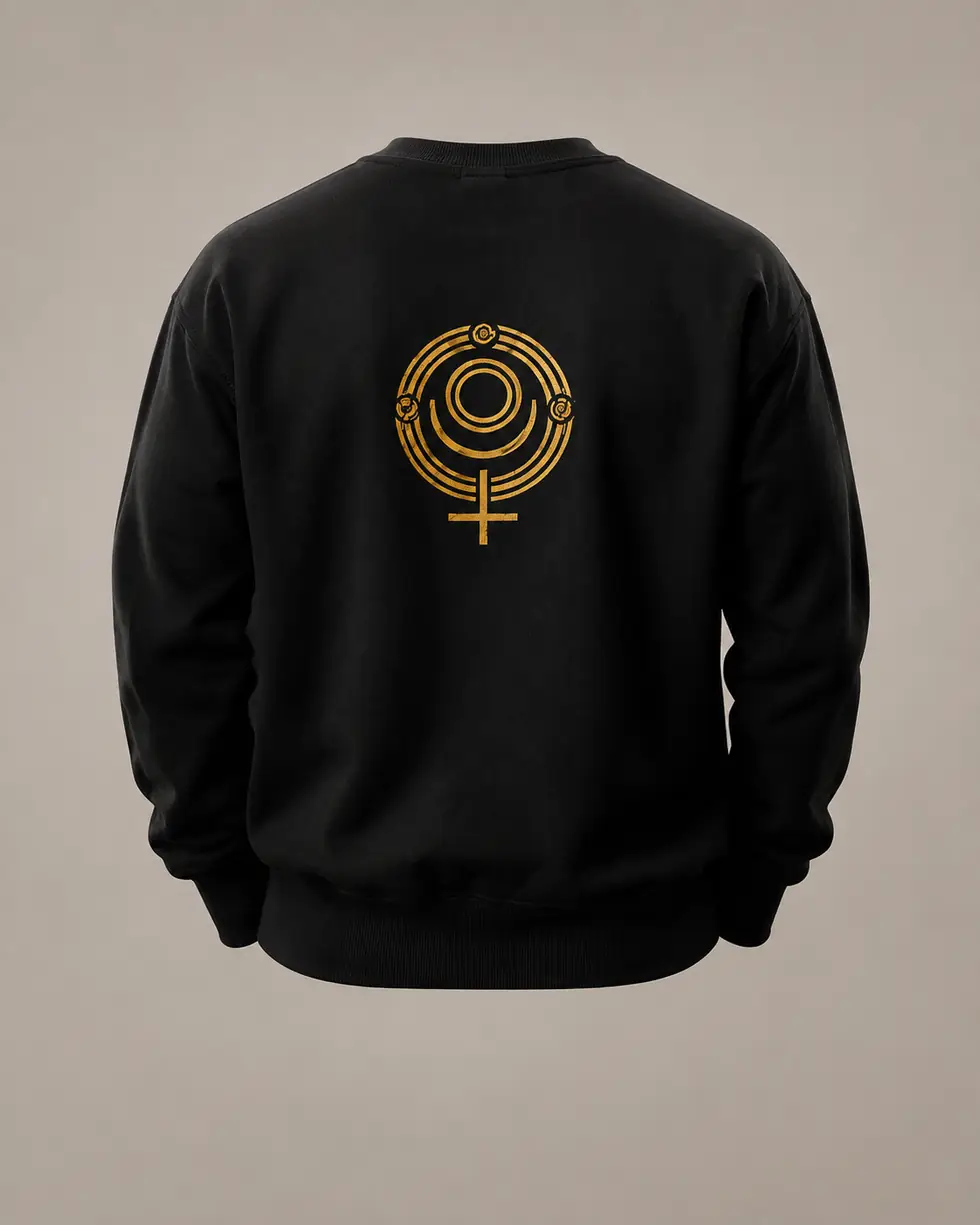 The back of a black crewneck carrying the Plutus glyph in gold.