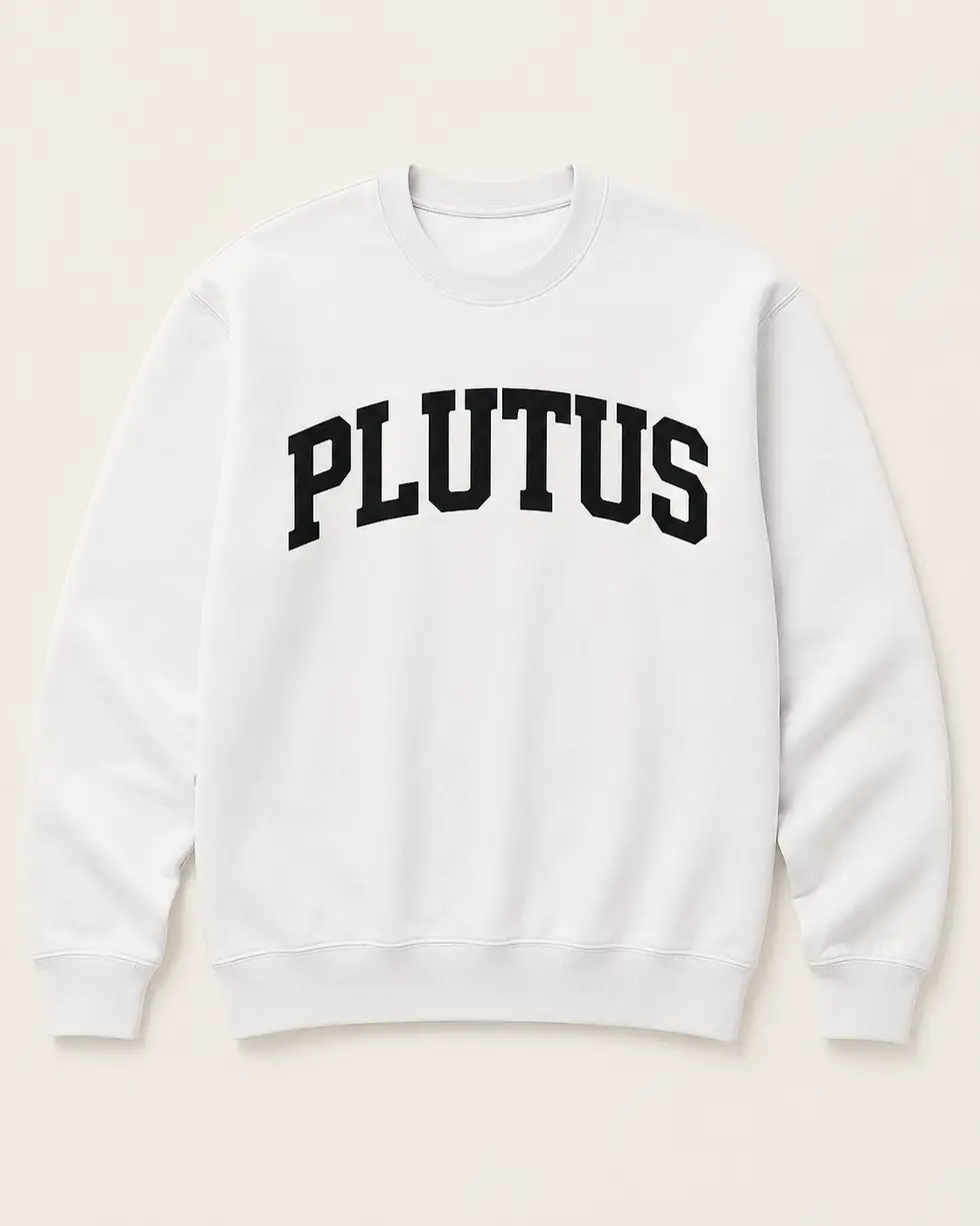 The PLUTUS crewneck in bone, laid flat, arched print dropped in black.
