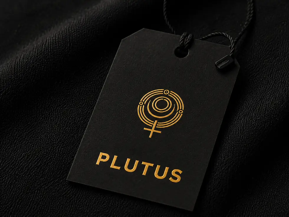 A black hangtag carrying the Plutus glyph and wordmark in gold.