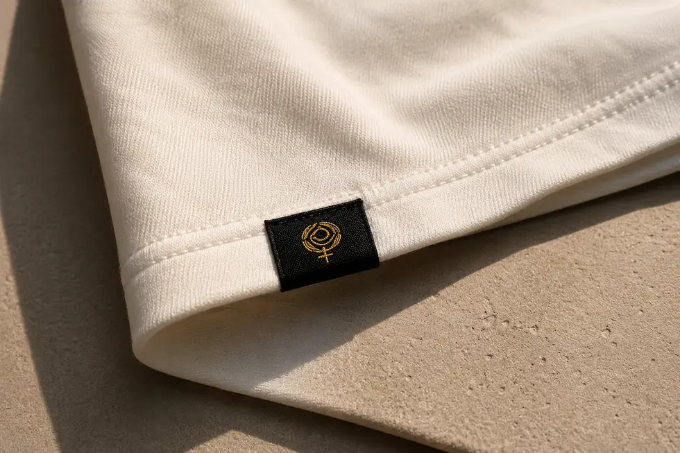 A small woven glyph label at the hem of a bone tee.