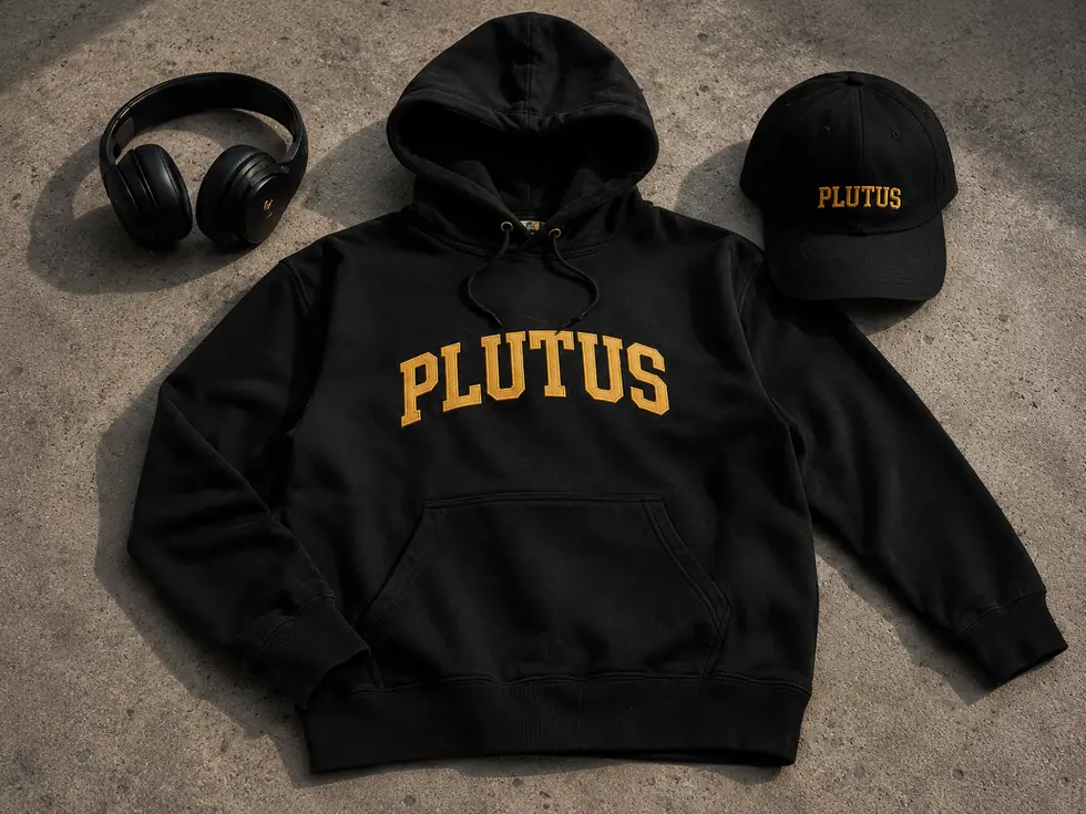 The black hoodie laid out with a cap and headphones on concrete.