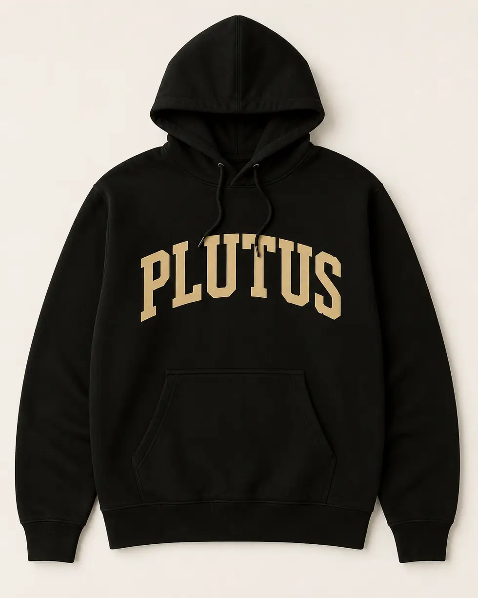 The PLUTUS hoodie in black, laid flat, arched sand print across the chest.