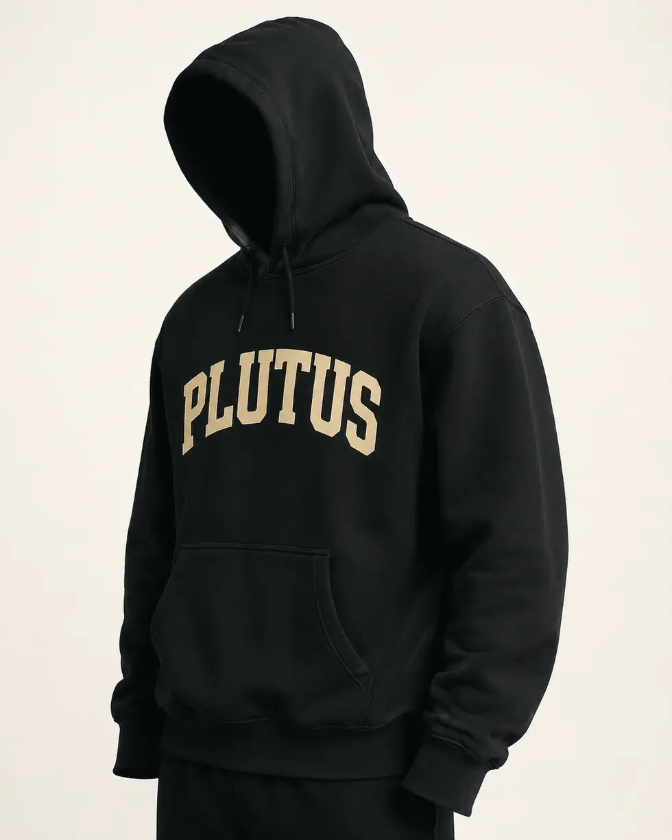 The PLUTUS hoodie worn with the hood up, seen from the side.