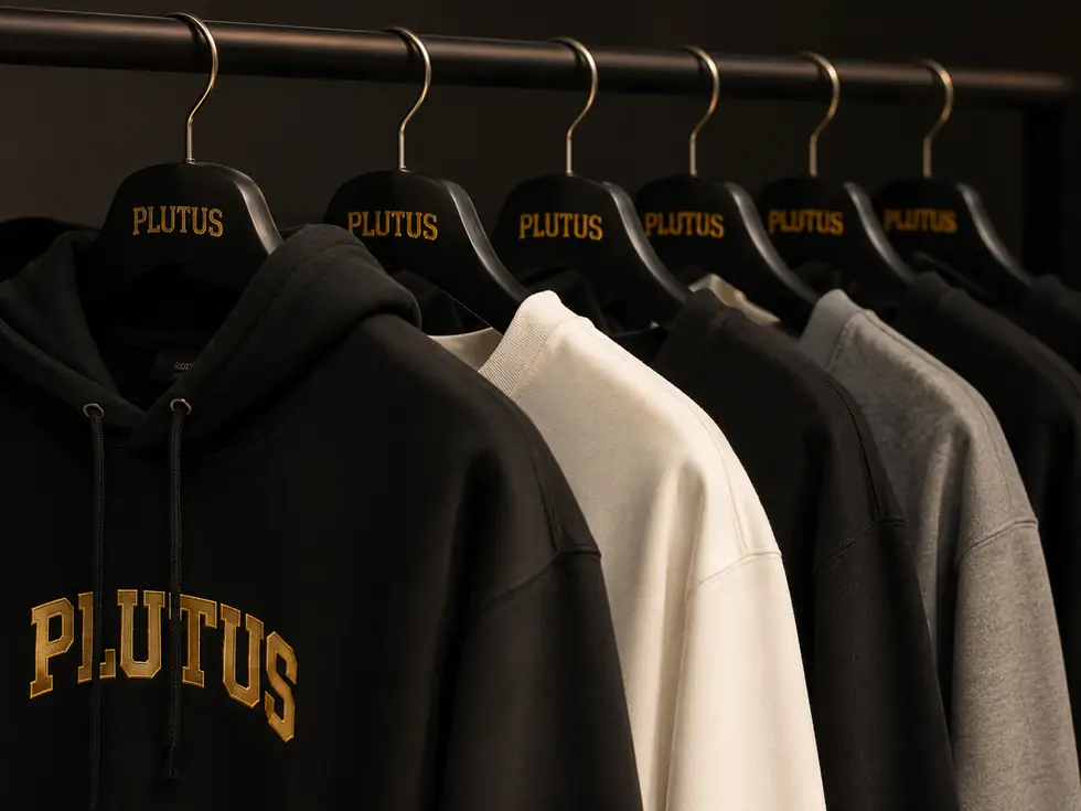 A rail of PLUTUS garments on branded hangers, black and bone.