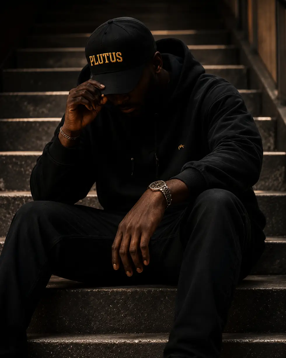 A man in a black PLUTUS hoodie and cap seated on a flight of stairs.