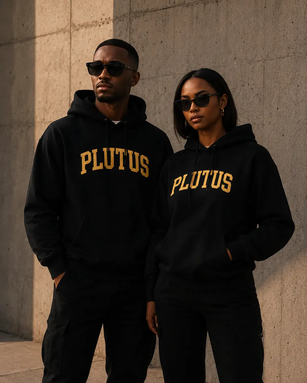 Two people wearing black PLUTUS hoodies against a concrete wall.
