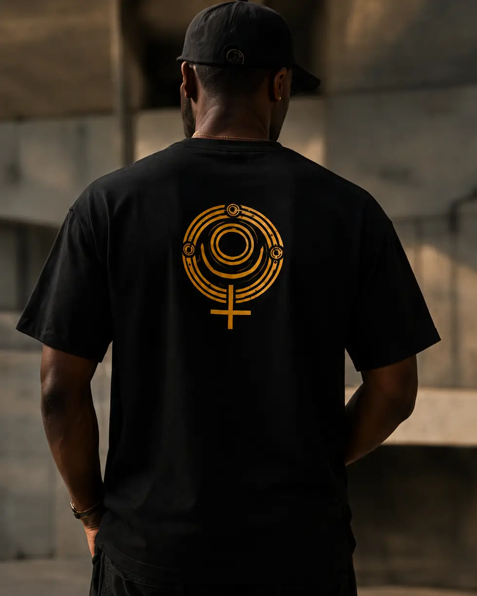 The back of a black PLUTUS tee carrying the glyph in gold, worn with a cap.
